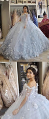 Puffy Off Shoulder Light Blue Quinceanera Dresses Flowers with Cape - MyChicDress