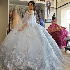 Puffy Off Shoulder Light Blue Quinceanera Dresses Flowers with Cape - MyChicDress