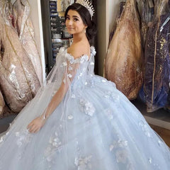 Puffy Off Shoulder Light Blue Quinceanera Dresses Flowers with Cape - MyChicDress