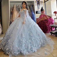 Puffy Off Shoulder Light Blue Quinceanera Dresses Flowers with Cape - MyChicDress