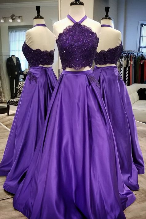 Purple 2 Piece Lace Prom Dress Halter Long Evening Gowns With Pockets - MyChicDress