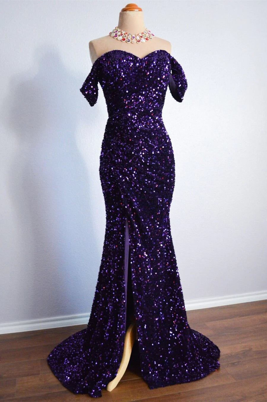 Purple Sparkly Long Formal Dress Mermaid Off-Shoulder Slit - MyChicDress