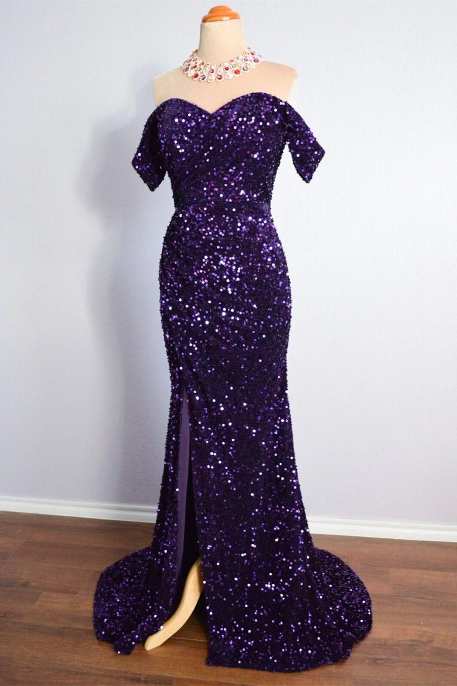 Purple Sparkly Long Formal Dress Mermaid Off-Shoulder Slit - MyChicDress