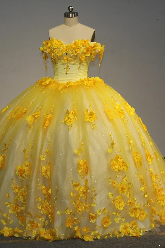 Vestido de quinceañera rosa intenso con hombros descubiertos y flores en 3D, nuevo de 2025