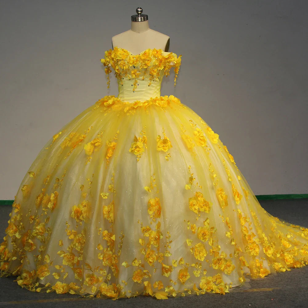 Vestido de quinceañera rosa intenso con hombros descubiertos y flores en 3D, nuevo de 2025