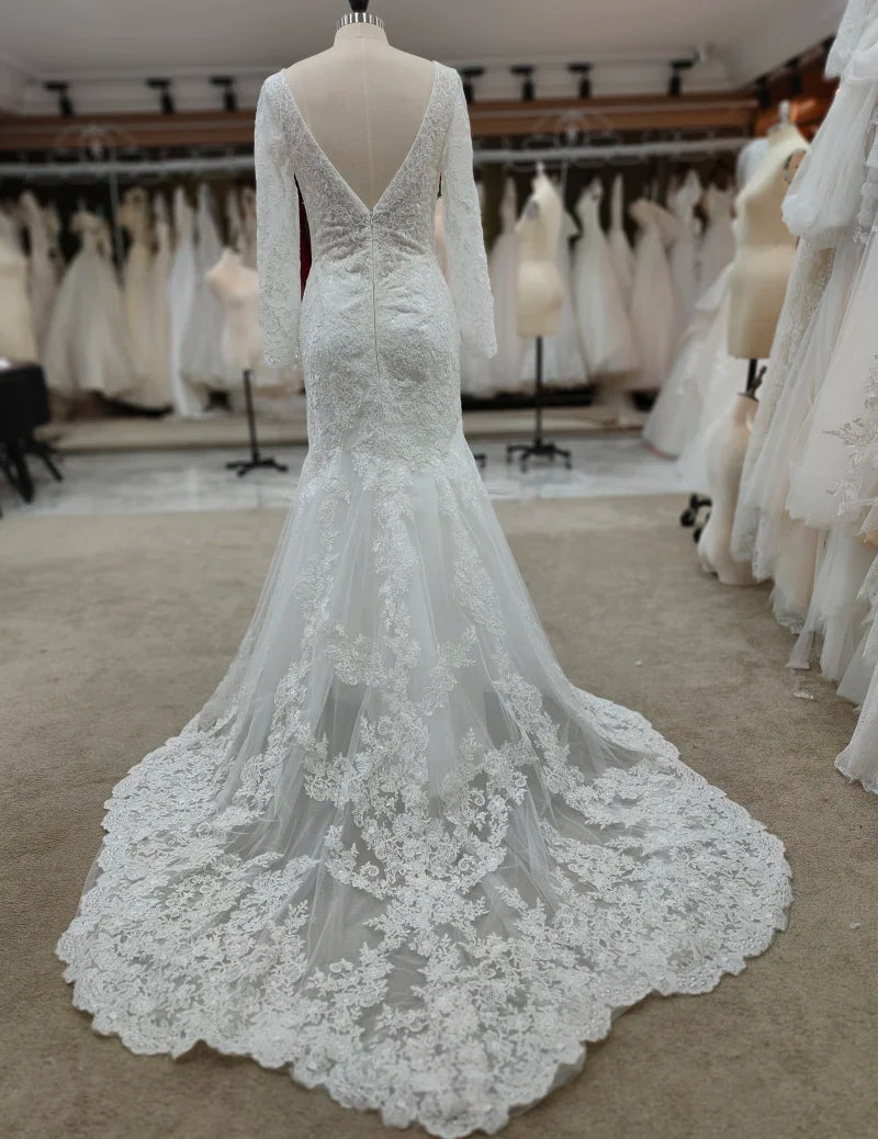 REAL Bohemian Simple Lace Wedding Dress V-Neck Long Sleeve - MyChicDress