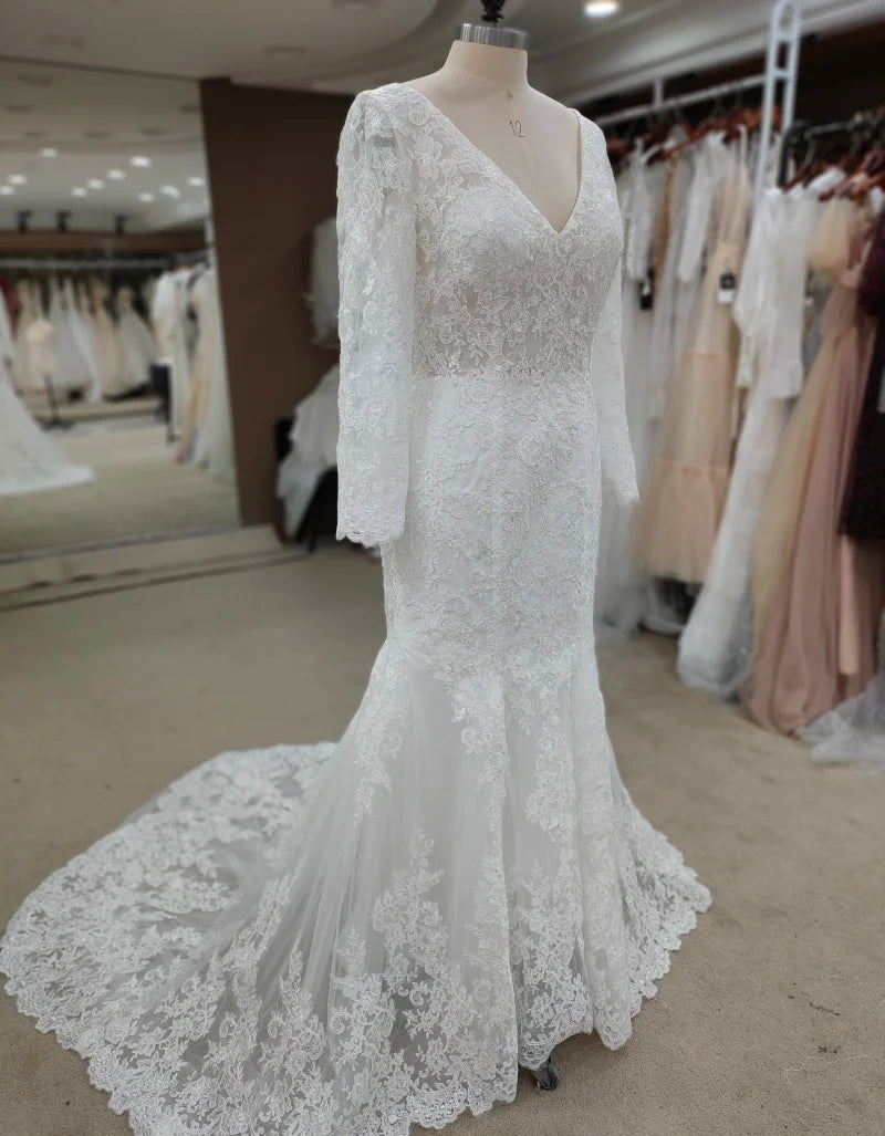 REAL Bohemian Simple Lace Wedding Dress V-Neck Long Sleeve - MyChicDress