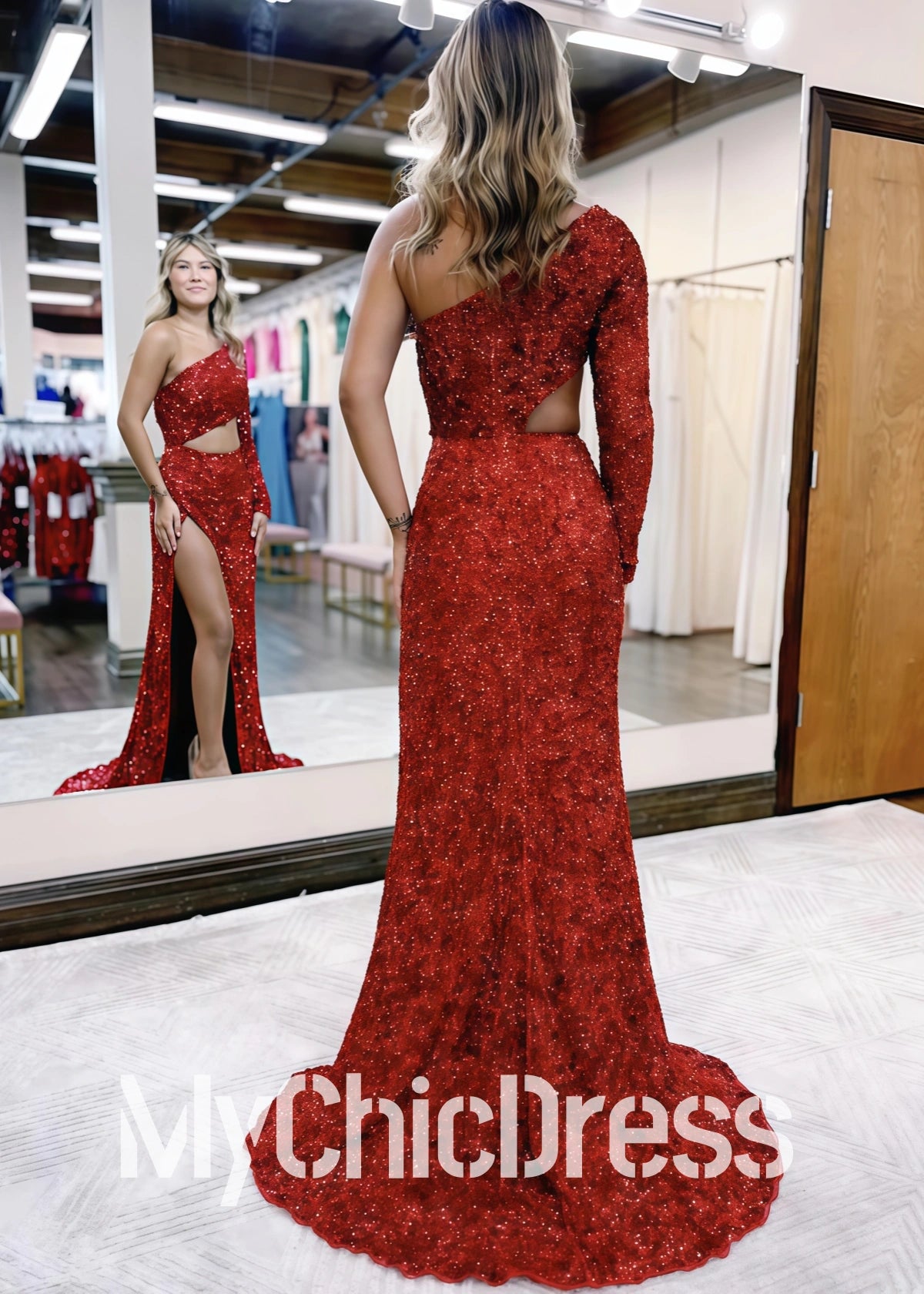 Vestidos formales negros de una sola manga con lentejuelas, vestido de fiesta largo recortado con abertura