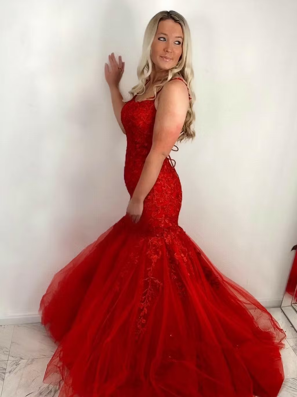 Red Lace Prom Dresses Mermaid Evening Gown UK with Ruffles MYCHICDRESS