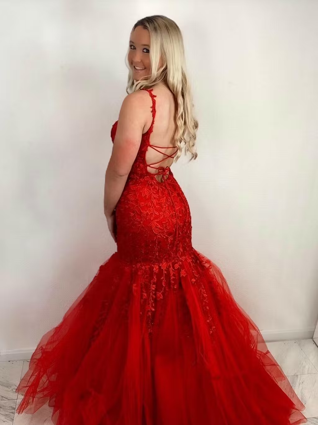 Red Lace Prom Dresses Mermaid Evening Gown UK with Ruffles MYCHICDRESS