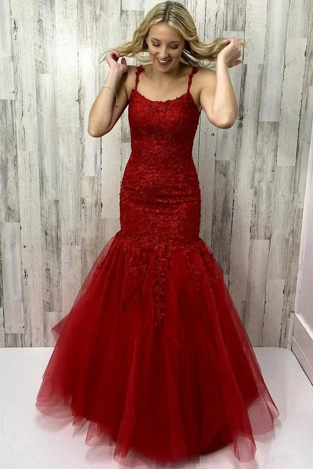 Red Lace Prom Dresses Mermaid Evening Gown UK with Ruffles MYCHICDRESS