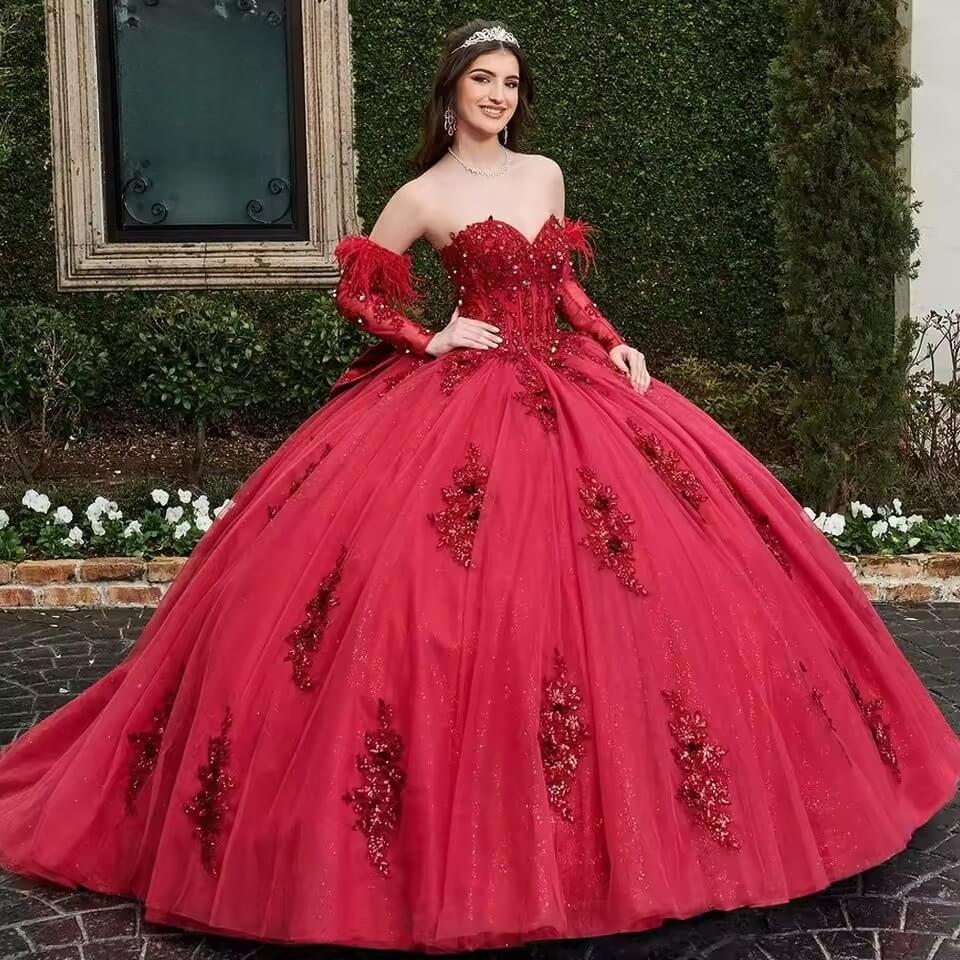 Red Vestidos De 15 Anos Quinceanera Dresses with Sleeve Feather