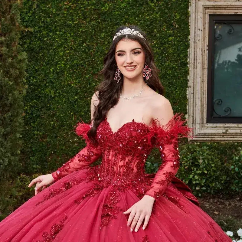 Vestidos De 15 Años Rojo Oscuro Vestidos De Quinceañera Con Manga De Plumas