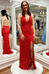 Red Sequins Evening Dress UK Criss Cross Back Long Formal Dress MyChicDress