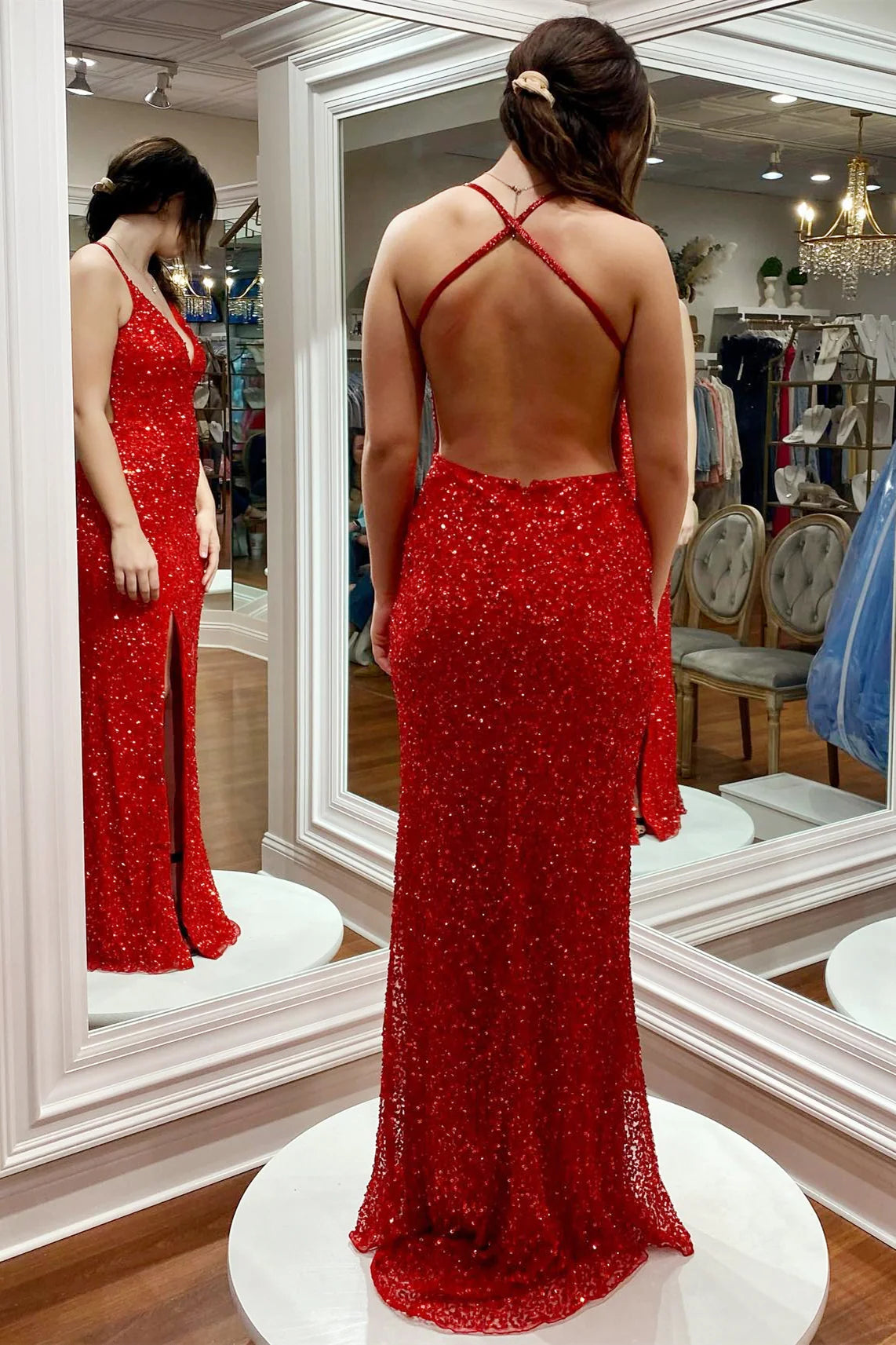 Red Sequins Evening Dress UK Criss Cross Back Long Formal Dress MyChicDress