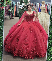 2024 Vestidos de quinceañera rojos vintage con cuentas y capa