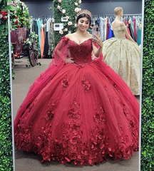 2024 Vestidos de quinceañera rojos vintage con cuentas y capa