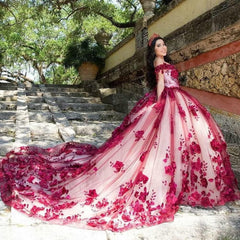 Vestido De Quinceañera De Encaje Rojo Con Hombros Descubiertos Vestidos De XV Años Perlas Flores