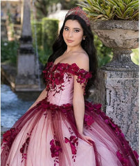 Vestido De Quinceañera De Encaje Rojo Con Hombros Descubiertos Vestidos De XV Años Perlas Flores