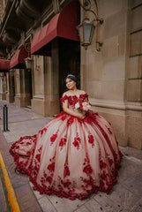 Vestidos de quinceañera de encaje rojo vestido de fiesta con hombros descubiertos vestido de fiesta dulce 16