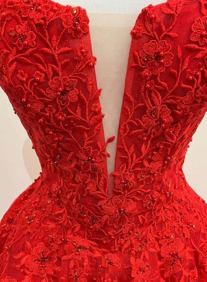 Red Long Prom Dress Lace Appliques A Line Evening Dress UK - MyChicDress