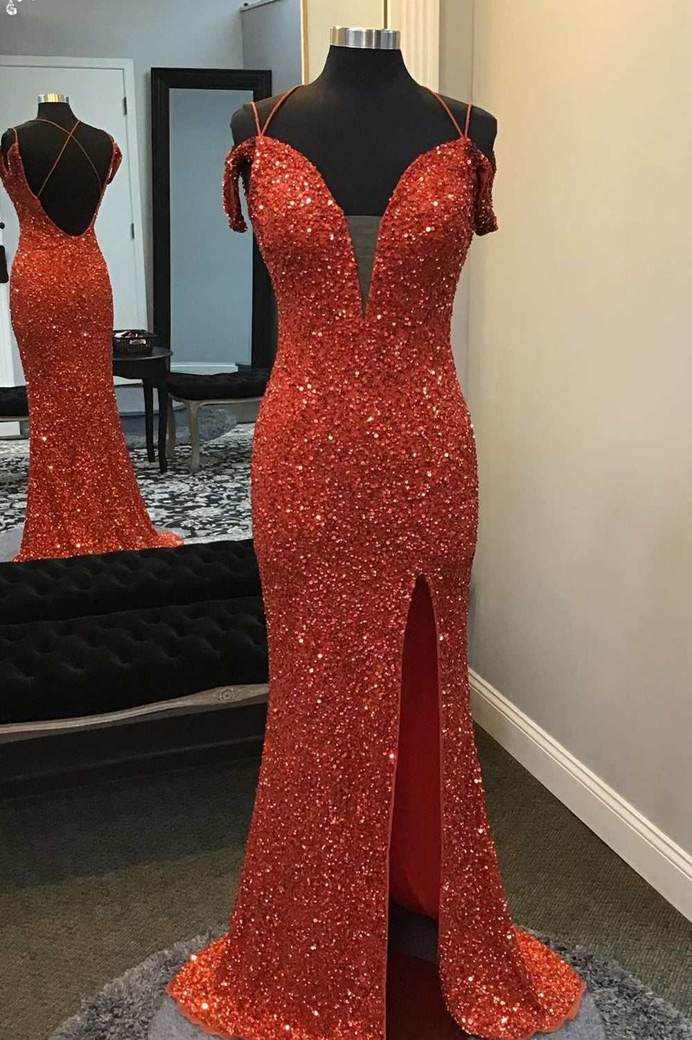 Red Long Prom Dress Sequined Off-the-Shoulder Mermaid Evening Gown Mychicdress