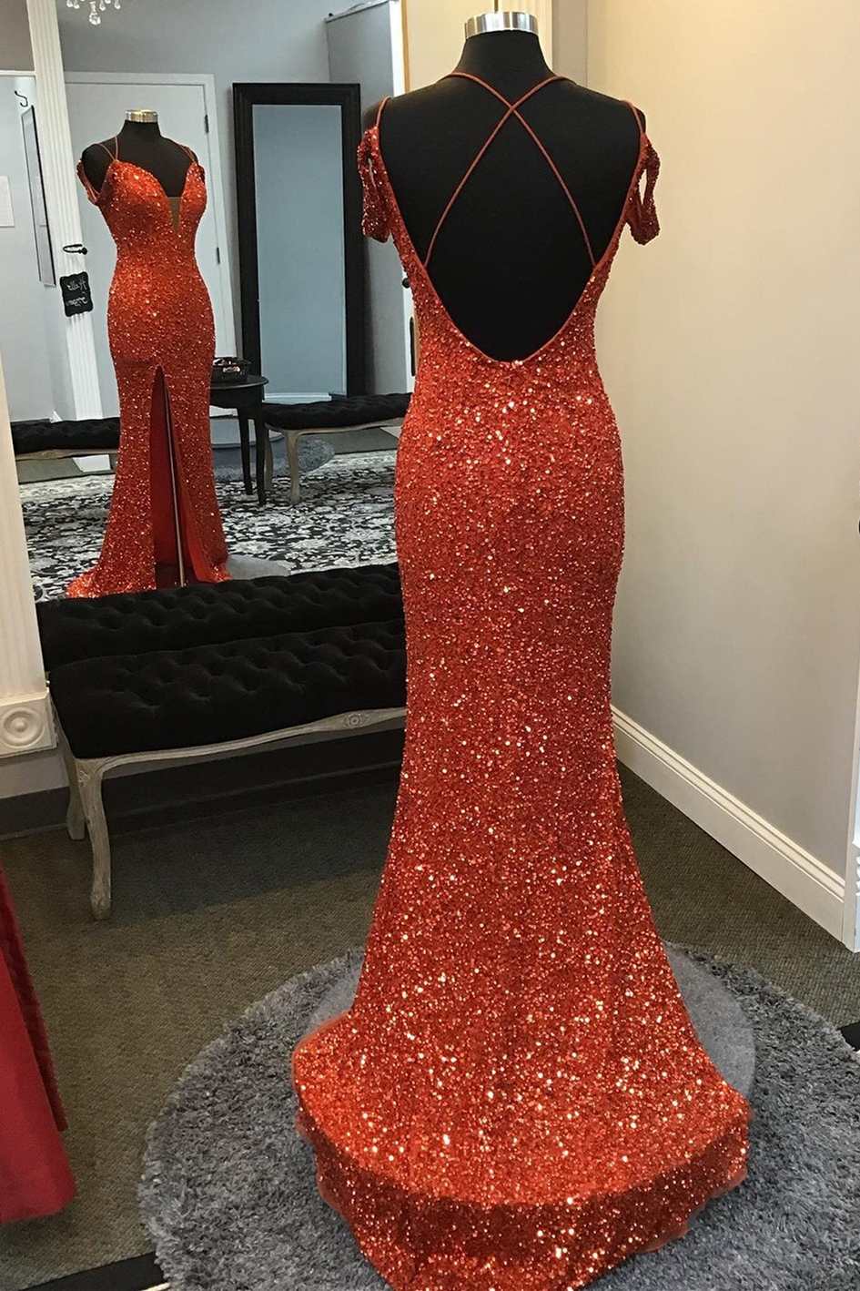 Red Long Prom Dress Sequined  Mermaid Evening Gown Mychicdress