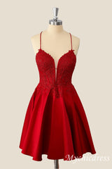 Vestido de fiesta rojo corto de una línea 2024 Apliques de satén de encaje