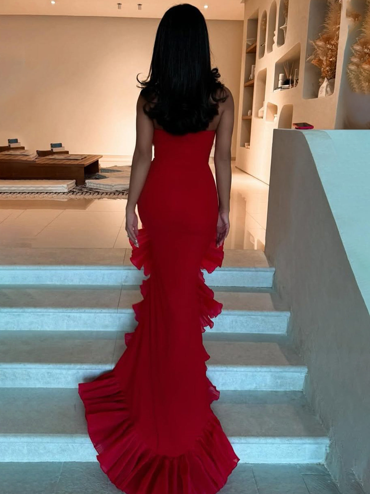 Vestidos de fiesta rojos sin tirantes, con volantes, sirena, sin mangas, vestido de noche largo