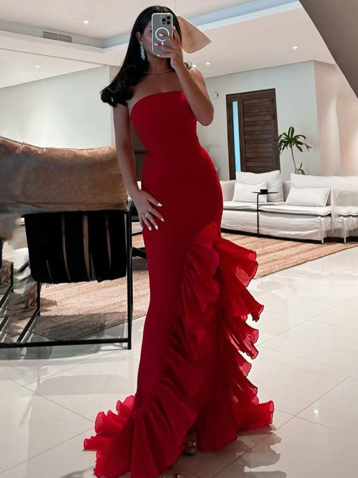 Vestidos de fiesta rojos sin tirantes, con volantes, sirena, sin mangas, vestido de noche largo