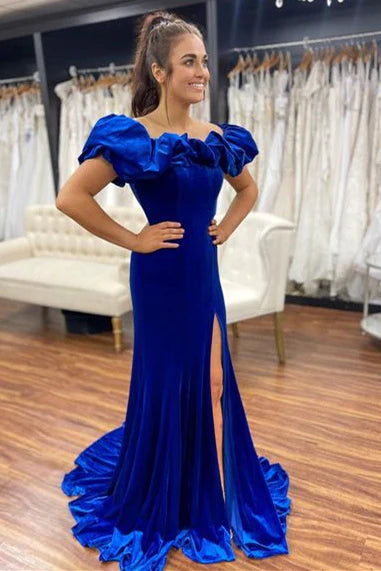 Royal Blue Long Formal Dress Winter Velvet Ruffle Off Shoulder with Slit MyChicDress