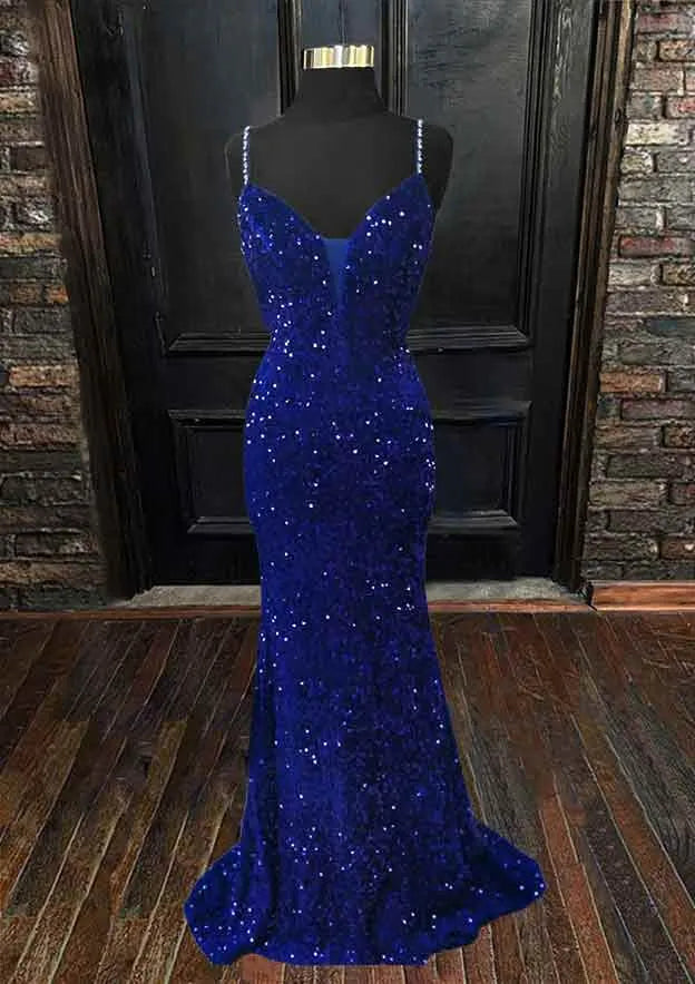 Royal Blue Sequin Beaded Mermaid Prom Dresses Spaghetti Straps