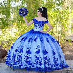 Vestidos de quinceañera azul real, vestido de princesa con cuentas y perlas, dulce 15, flores en 3D