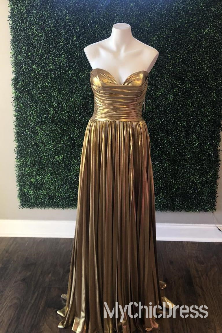 Vestido formal largo metalizado fruncido sin tirantes, vestido de fiesta de corte A