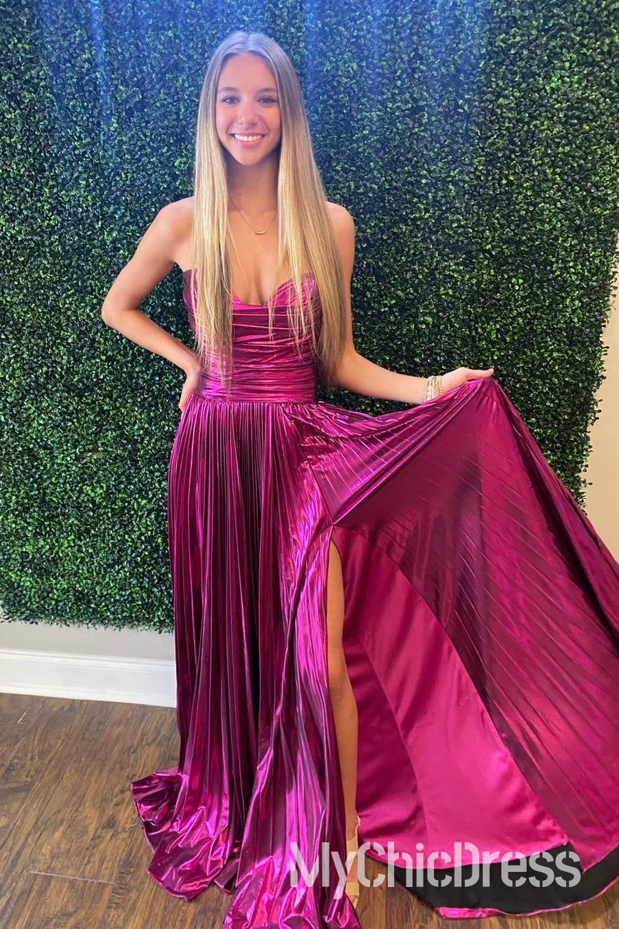 Vestido formal largo metalizado fruncido sin tirantes, vestido de fiesta de corte A