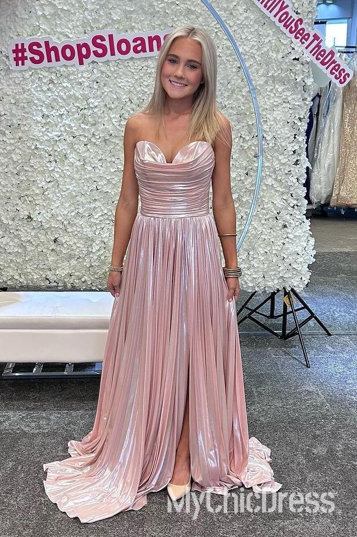 Vestido formal largo metalizado fruncido sin tirantes, vestido de fiesta de corte A