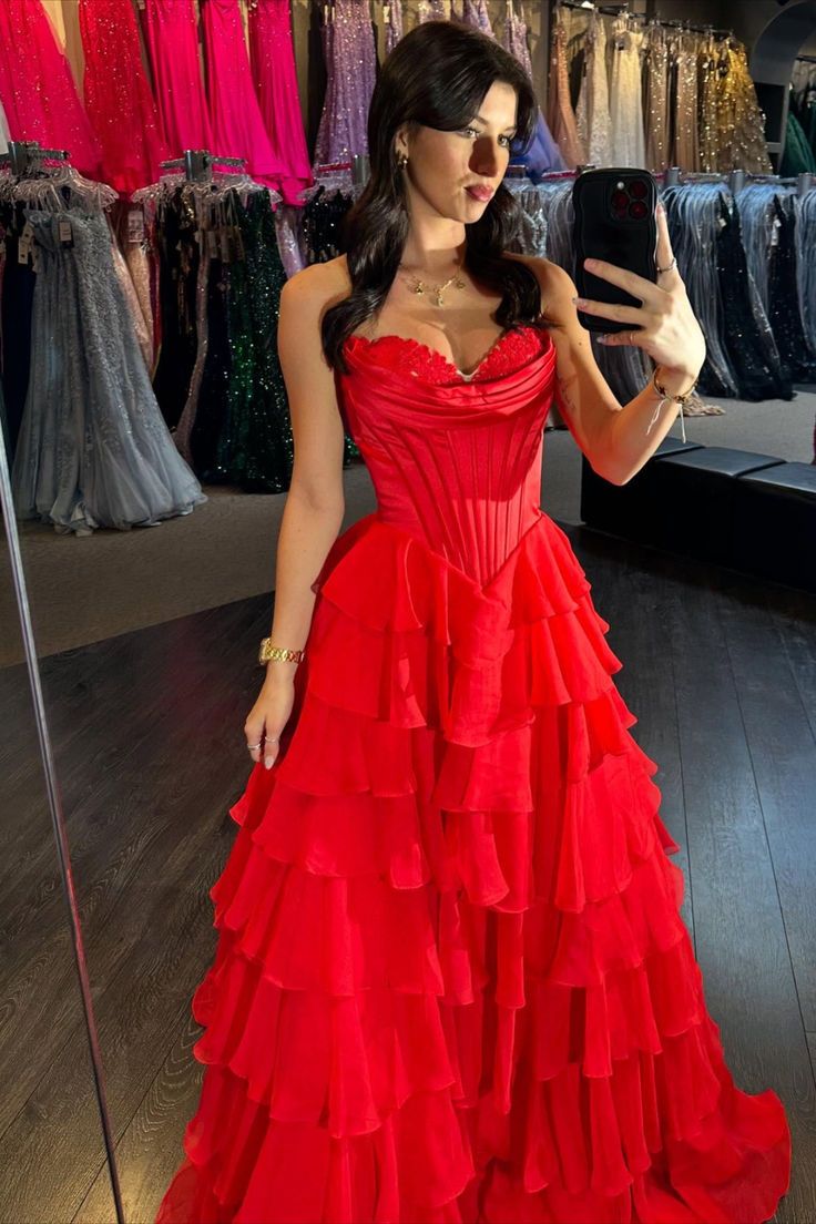 Ruffles Strapless Tiered prom Dress red Lace Chiffon Split