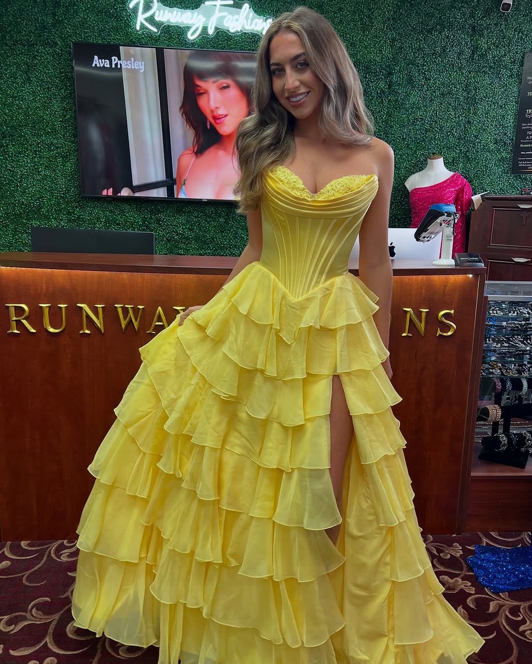 Ruffles Strapless Tiered prom Dress Yellow Lace Chiffon Split Mychicdress