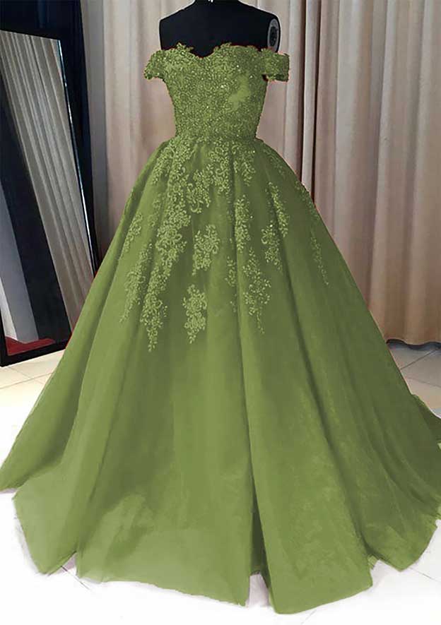 Sage Green Quinceanera Dresses Off The Shoulder Lace Beaded Evening Gowns MyChicDress