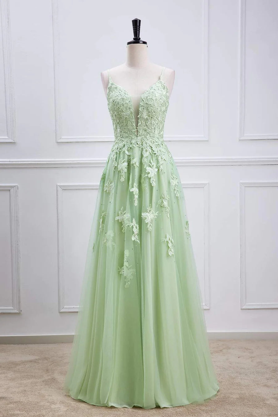 Sage Green Long Prom Dresses Lace Appliques V Neck Lace-Up - MyChicDress