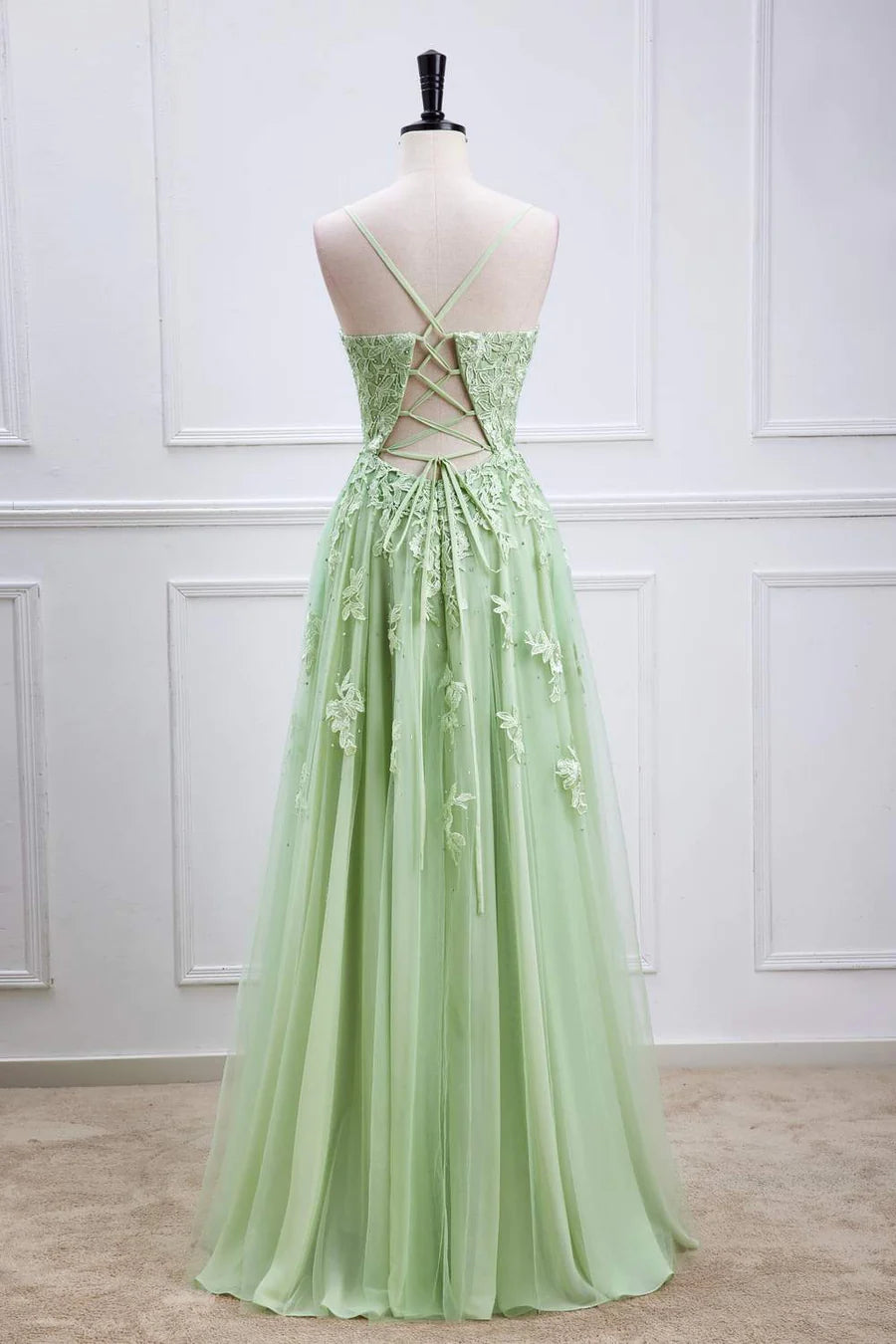 Sage Green Long Prom Dresses Lace Appliques V Neck Lace-Up - MyChicDress