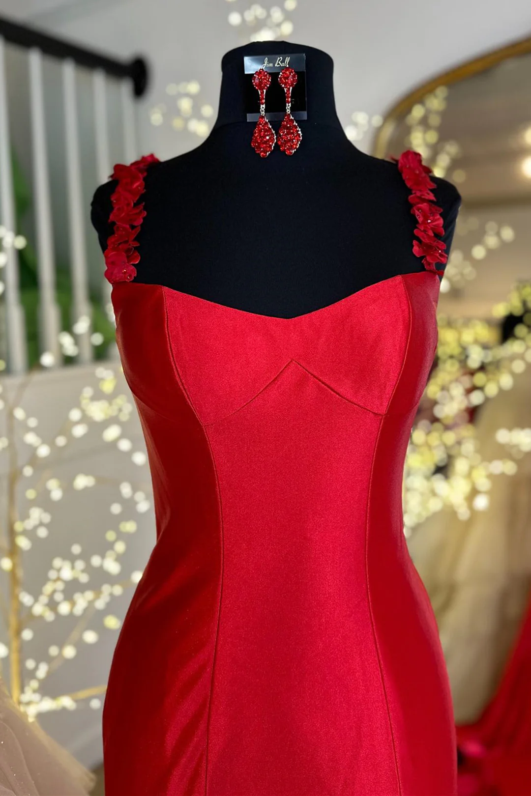 Satin Long Prom Dress Red Mermaid with Flower Straps - MyChicDress