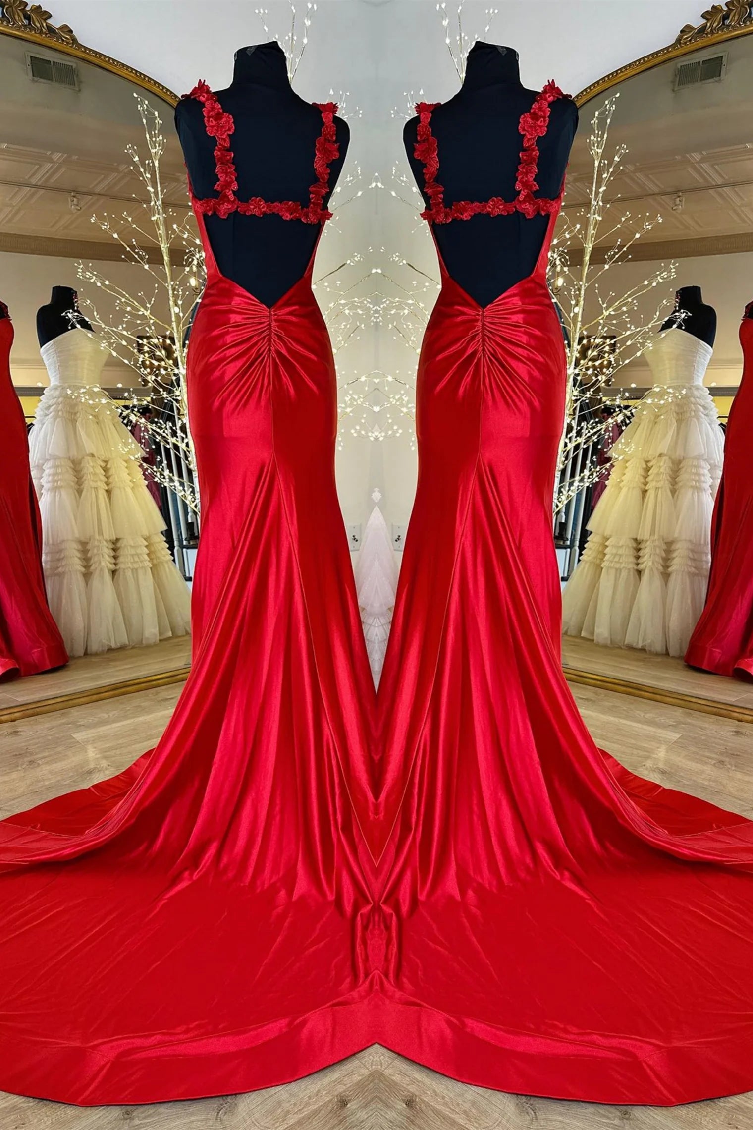 Satin Long Prom Dress Red Mermaid with Flower Straps - MyChicDress