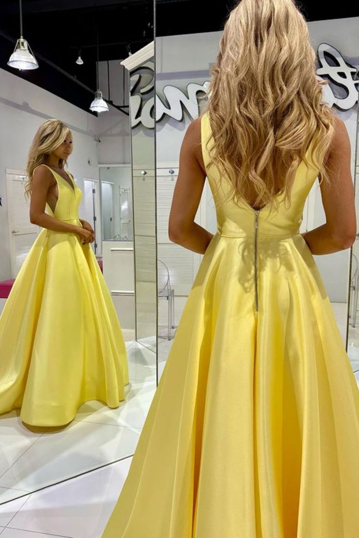 Satin Long 2024 Prom Dress Yellow A Line Formal Dress V Neck With Pocket - MyChicDress