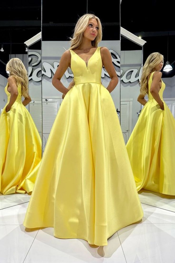 Satin Long 2024 Prom Dress Yellow A Line Formal Dress V Neck With Pocket - MyChicDress
