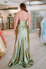 Satin Sage Green Prom Dress Mermaid Halter Wedding Guest Dress