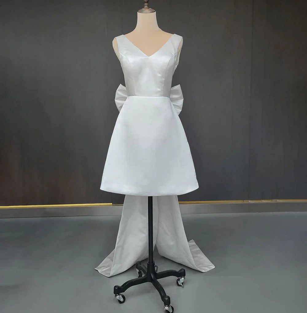 Minimalist Short Wedding Dress Satin V-Neck With Bow Back - MyChicDress
