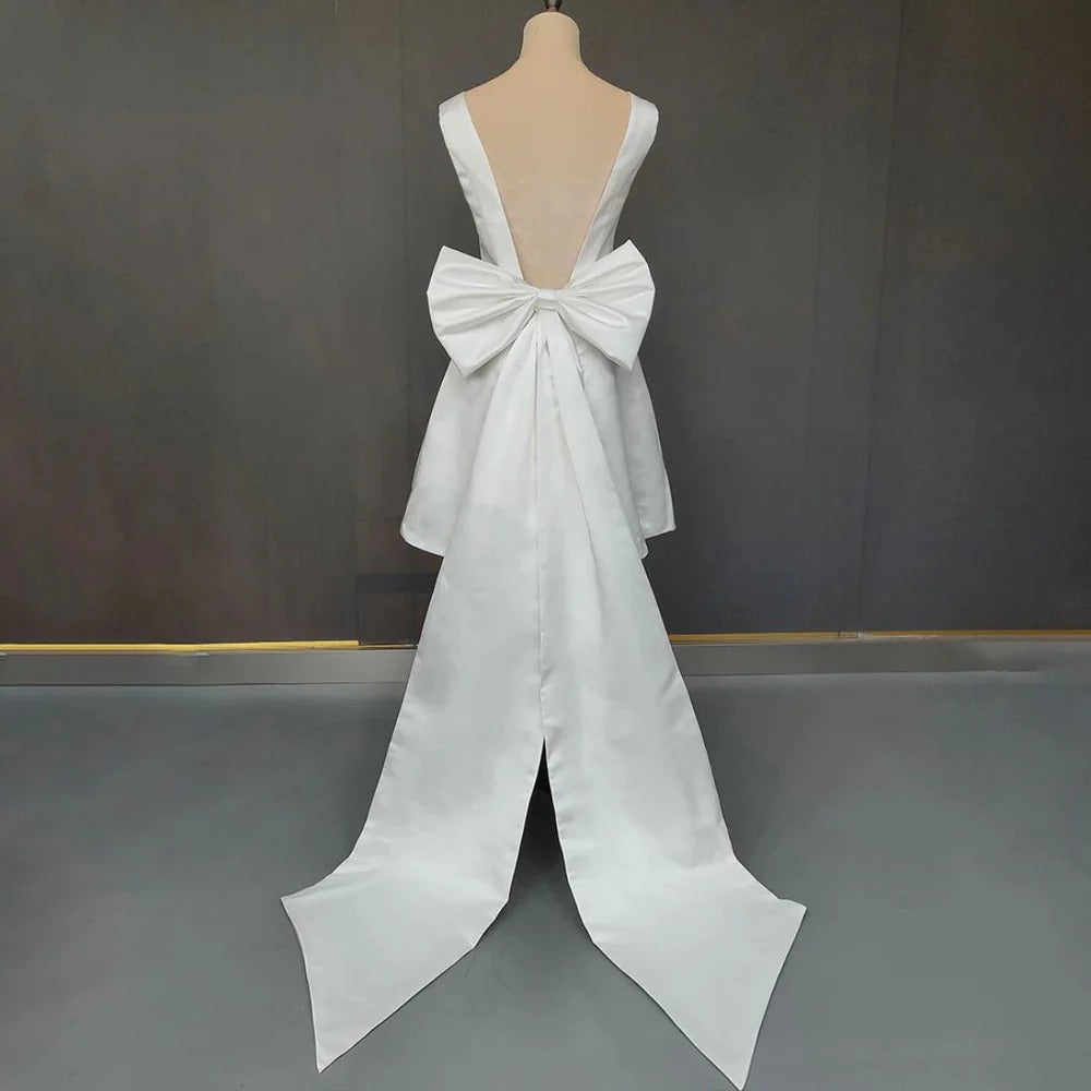Minimalist Short Wedding Dress Satin V-Neck With Bow Back - MyChicDress