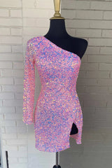 Vestido corto de fiesta con lentejuelas negras, minivestido de un solo hombro con mangas