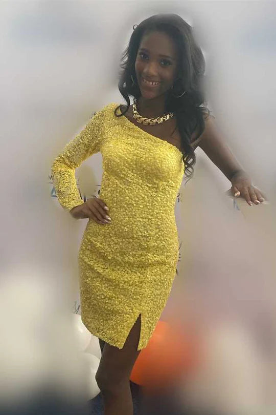 Vestido corto de fiesta con lentejuelas negras, minivestido de un solo hombro con mangas